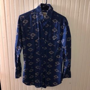 ELY Cattleman Blue Pearl Snap Aztec Button Up, Size Md